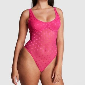 PINK Victoria's Secret Polka Dots Mesh Sheer Bodysuit.
